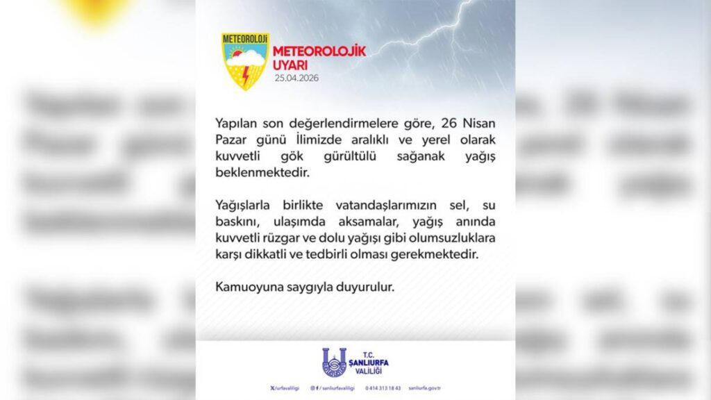 Urfa için Valilikten Meteorolojik uyarı!